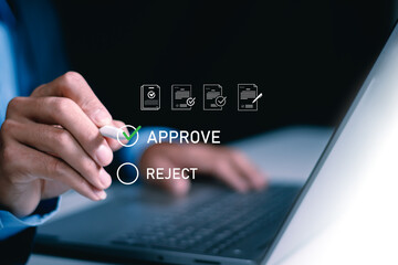 Document approval, checklist, certification, quality control concept, Businesswomen use tallets tick correct mark approval document, Quality management assurance, Pass inspection, accept approved