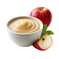 A bowl filled with apple sauce, next to a whole apple and a leaf, highlighting a fresh and wholesome snack, isolated on transparent background