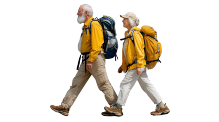 Senior couple hiking: An older couple strides confidently along a scenic trail, their backpacks suggesting a day of adventure, representing a journey through nature.