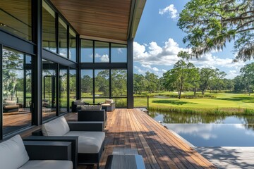 Fototapeta premium Modern patio with wooden deck and seating furniture in front of large glass walls, overlooking lake and golf course with natural light, Florida home architecture