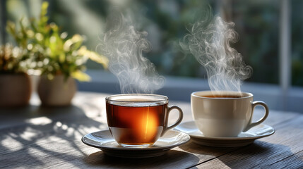 Relaxing Tea Break with Steaming Cups in Soft Sunlight