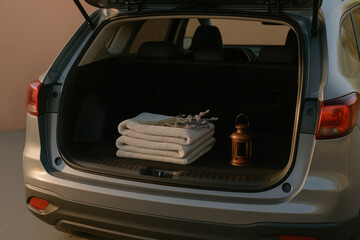 Open suv trunk with folded towels, lavender sprigs, and lantern arranged neatly in soft evening light