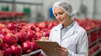 A woman in a white lab coat and hairnet inspects fresh carrots with a clipboard in a vegetable processing facility Food Quality Control concept.