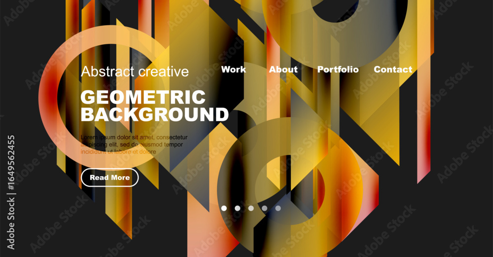 Poster abstract geometric design features vibrant orange, yellow hues. website header includes navigation o