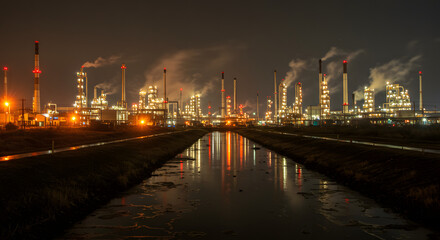 Panoramic view of a petrochemical plant operating at night, illustrating the industrial scale of fossil fuel consumption and environmental pollution