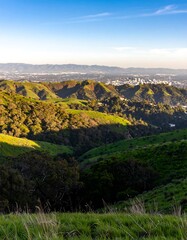Panoramic view of rolling hills and valleys, bathed in sunlight