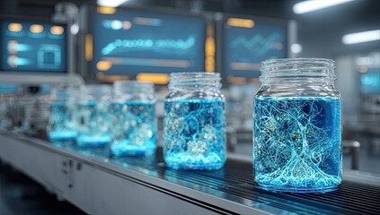 Clear glass jars filled with glowing blue liquid and intricate root-like structures, on a moving assembly line in a modern laboratory setting. Multiple monitors display data visualizations