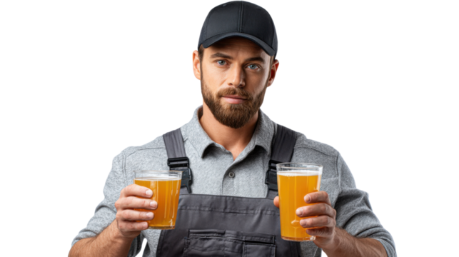 Refreshing Beverage: A focused individual, in work attire, offers two full glasses of a refreshing beverage.