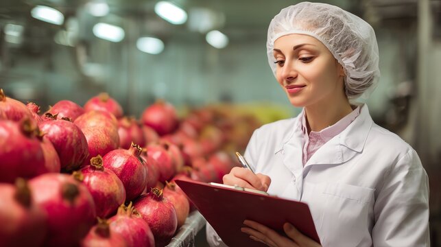 A woman in a white lab coat and hairnet inspects fresh carrots with a clipboard in a vegetable processing facility Food Quality Control concept. - Powered by Adobe