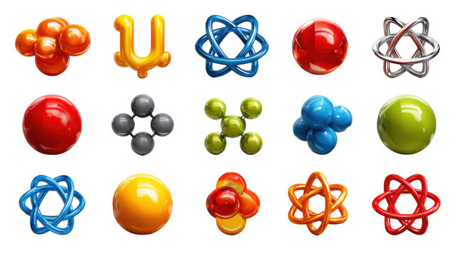 Vibrant Atomic Structures: A collection of colorful atomic structures with unique shapes, symbolizing the building blocks of life, designed for educational, scientific, and abstract concepts.