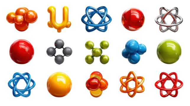 Vibrant Atomic Structures: A collection of colorful atomic structures with unique shapes, symbolizing the building blocks of life, designed for educational, scientific, and abstract concepts.