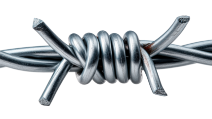 Barbed Wire Close-up: A detailed, close-up shot showcases the sharp, metallic intricacies of a strand of barbed wire, its twisted design and pointed barbs.