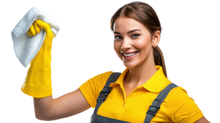Smiling Cleaning Lady with Rubber Gloves: A cheerful cleaning lady, clad in yellow uniform and protective gloves, brandishes a pristine cloth, embodying cleanliness and service with a radiant smile.