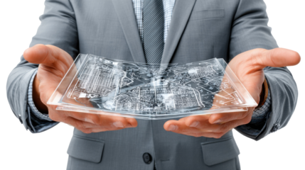 Man Holding Technology Concept: A close-up shot showcases a man in a sophisticated suit cradling a translucent, tech-infused object in his hands, symbolizing the future of technology and innovation.