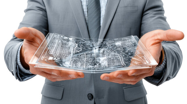 Man Holding Technology Concept: A close-up shot showcases a man in a sophisticated suit cradling a translucent, tech-infused object in his hands, symbolizing the future of technology and innovation.