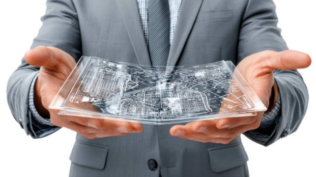 Man Holding Technology Concept: A close-up shot showcases a man in a sophisticated suit cradling a translucent, tech-infused object in his hands, symbolizing the future of technology and innovation.