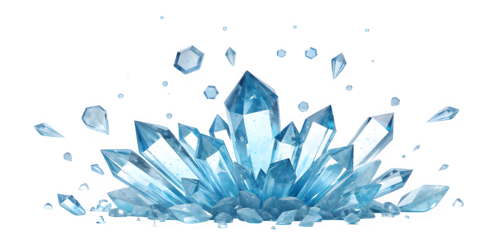 A cluster of blue crystals isolated on transparent background with sparkling facets