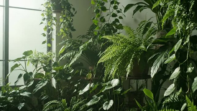 An array of houseplants fills a room with sunlight streaming through a window Green foliage predominates