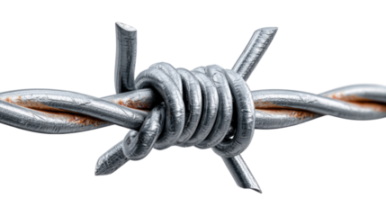 Barbed Wire Detail: A close-up of a length of barbed wire, with sharp points and twisted strands, symbolizing security, restriction, and danger.