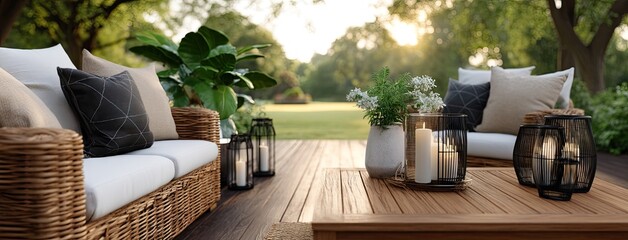 Elegant outdoor seating arrangement with modern furniture surrounded by greenery at sunset