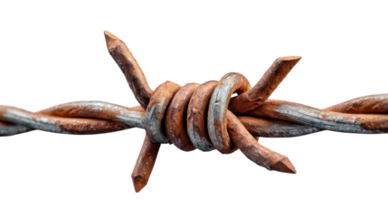 Barbed Wire Close-up: A detailed macro shot of weathered barbed wire, evoking themes of restriction, security, and the passage of time.