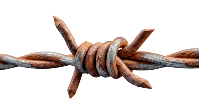 Barbed Wire Close-up: A detailed macro shot of weathered barbed wire, evoking themes of restriction, security, and the passage of time.