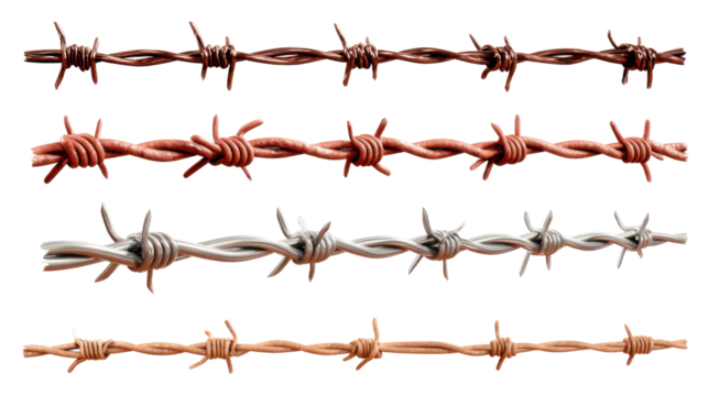 Barbed Wire Textures: A series of detailed close-up shots showcasing the sharp, metallic design of barbed wire against a backdrop of a blurred surrounding
