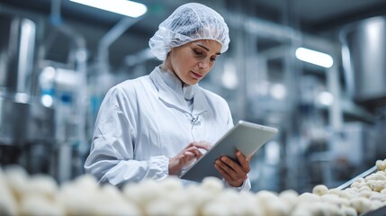 A worker in a white lab coat and hairnet uses a tablet to check bottled lemonade Food Quality Control concept.