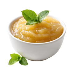 A bowl filled with apple sauce, next to a whole apple and a leaf, highlighting a fresh and wholesome snack, isolated on transparent background