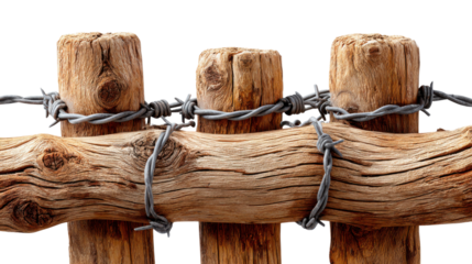 Rustic Boundary: A close-up shot of a weathered wooden fence adorned with sharp, silver barbed wire, evoking a sense of security and rustic charm.