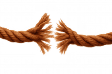 Weathered rope snapping under strain, symbolizing stress, limit-reaching, vulnerability on isolated background