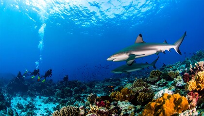 Obraz premium Divers observe reef sharks in a vibrant coral reef.