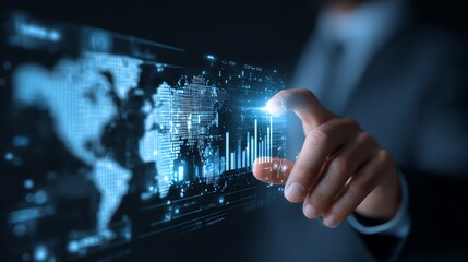 Analyst highlighting key geopolitical trends on digital dashboard AI technology concept