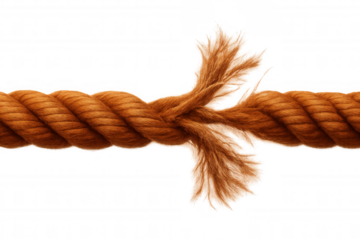 Fraying orange rope stretching near breaking point, symbolizing intense stress and impending failure against transparent backdrop