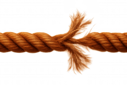 Fraying orange rope stretching near breaking point, symbolizing intense stress and impending failure against transparent backdrop