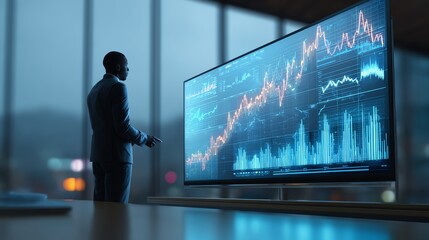 Analyst presenting positive market forecast on large monitor AI technology concept