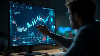 Fototapeta premium Analyst presenting positive market forecast on large monitor AI technology concept