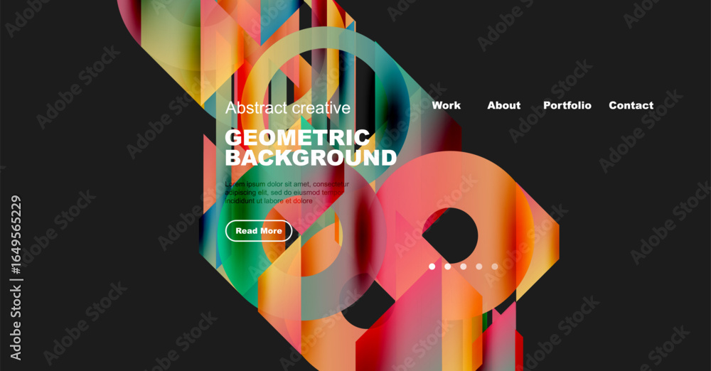 Poster bright geometric shapes create dynamic background. website mockup features navigation, text, button.