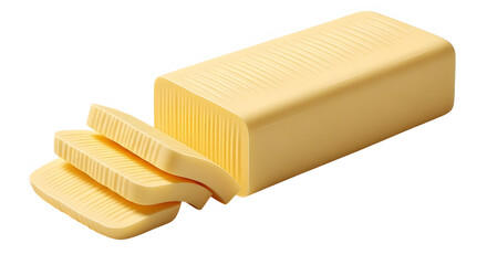 A ribbed block of creamy pale yellow butter with three thick slices cut and arranged in front.