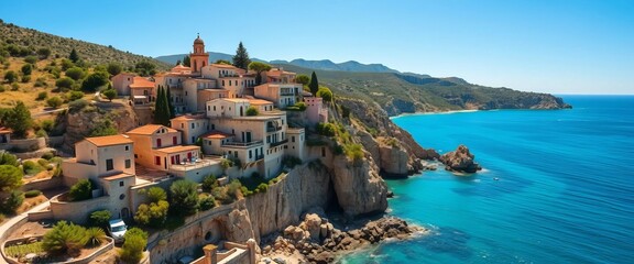Naklejka premium Sun-drenched stone houses cling to hillside, overlooking turquoise Mediterranean Sea in Banyalbufar, Mallorca, sea, peaceful
