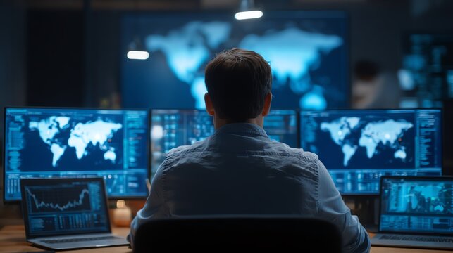Businessman analyzing global investment trends on multiple laptops in modern office AI technology concept