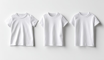 Three plain white t-shirts,  hanging,  on a white background