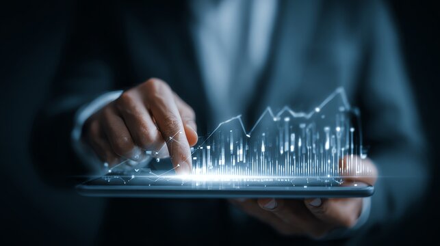 Businessman comparing projected vs actual profits using tablet AI technology concept