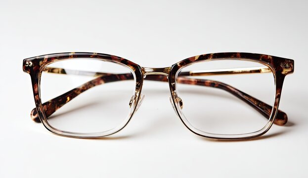 Close-up of tortoise-shell patterned eyeglasses.  Clear lenses, rectangular frames