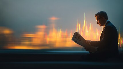 Businessman reading financial news on laptop with market graphs AI technology concept