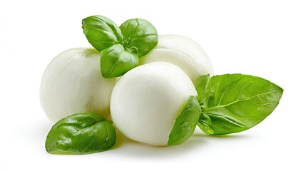 Fresh mozzarella balls nestled together, topped with vibrant basil leaves
