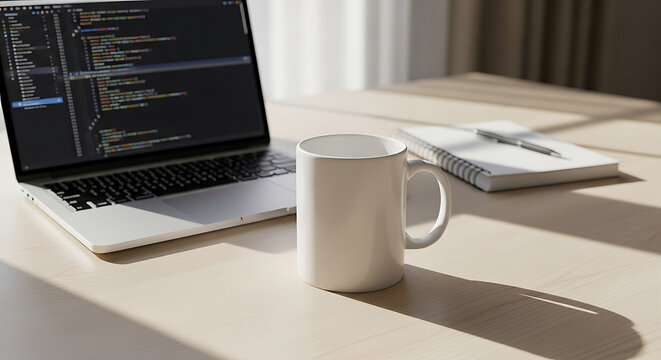 Laptop displaying code, a mug, and notepad on a light wooden table, bathed in natural light.