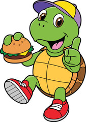Cartoon turtle, green body, yellow shell, purple cap, red sneakers, holding hamburger, pointing finger, smiling face, CAD drawing, vector illustration