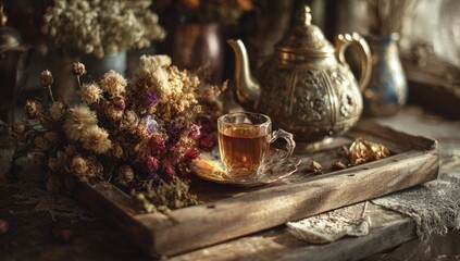 A rustic wooden tray holds a vintage teacup and teapot, surrounded by dried flowers
