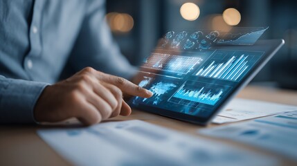 Fototapeta na wymiar Businessman reviewing quarterly financial report with tablet and graphs AI technology concept